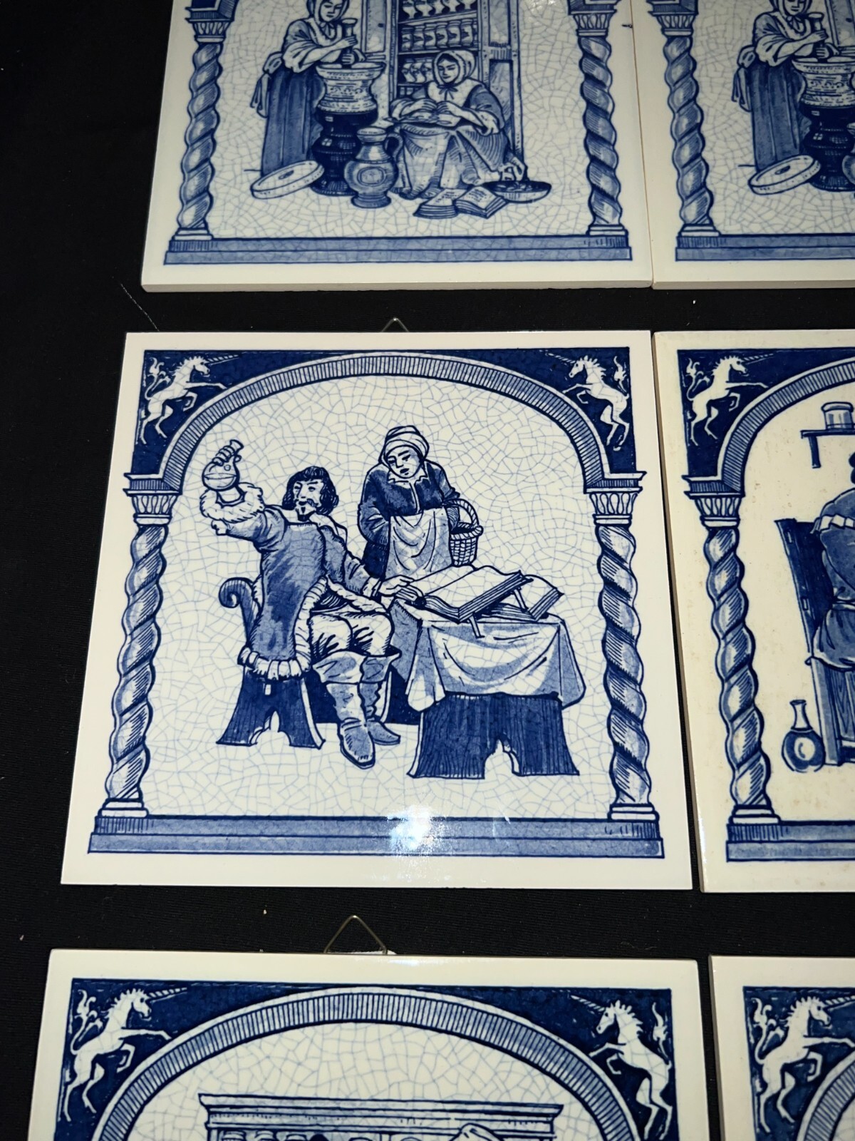 Delft Dutch Burroughs Wellcome Blue White Pharmacy story tiles set of 8