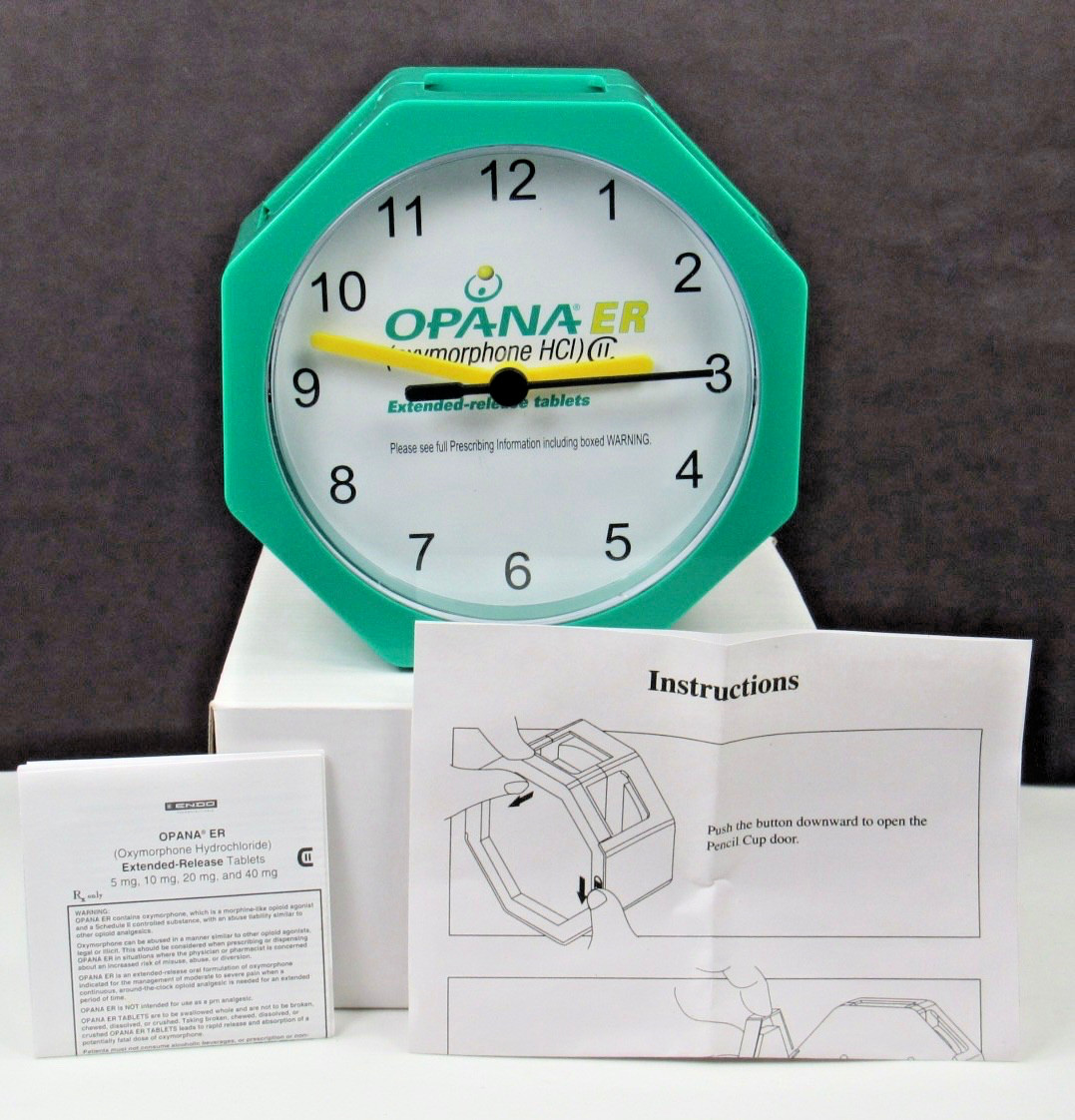 OPANA ER Oxymorphone CII Clock Pen Holder Drug Rep Pharmaceutical Promo w/ Info