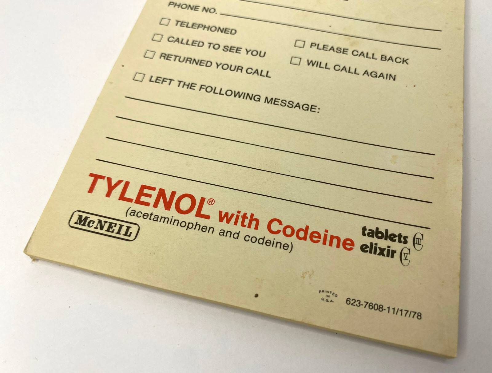 Vintage Pharmaceutical Tylenol Message Notepad 1978 McNeil Codeine