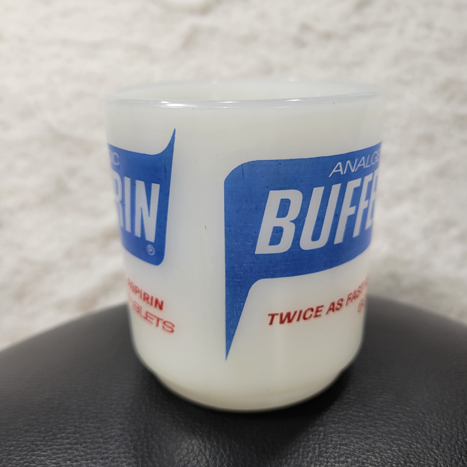 VTG Bufferin Pharmaceutical Advertising Mug Milk Glass White Retro Analgesic Cup