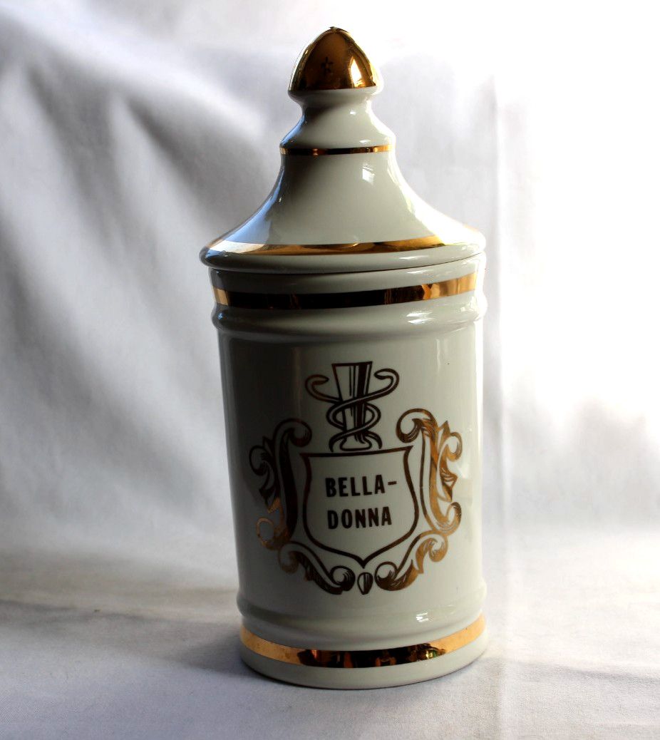 VINTAGE PHARMACY BELLA-DONNA APOTHECARY CANISTER JAR LID OWENS ILLINOIS