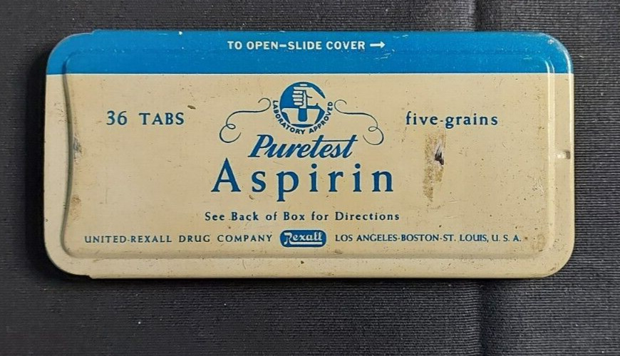 Old EMPTY Advertising Puretest Aspirin United Rexall Drug Co Los Angeles Boston