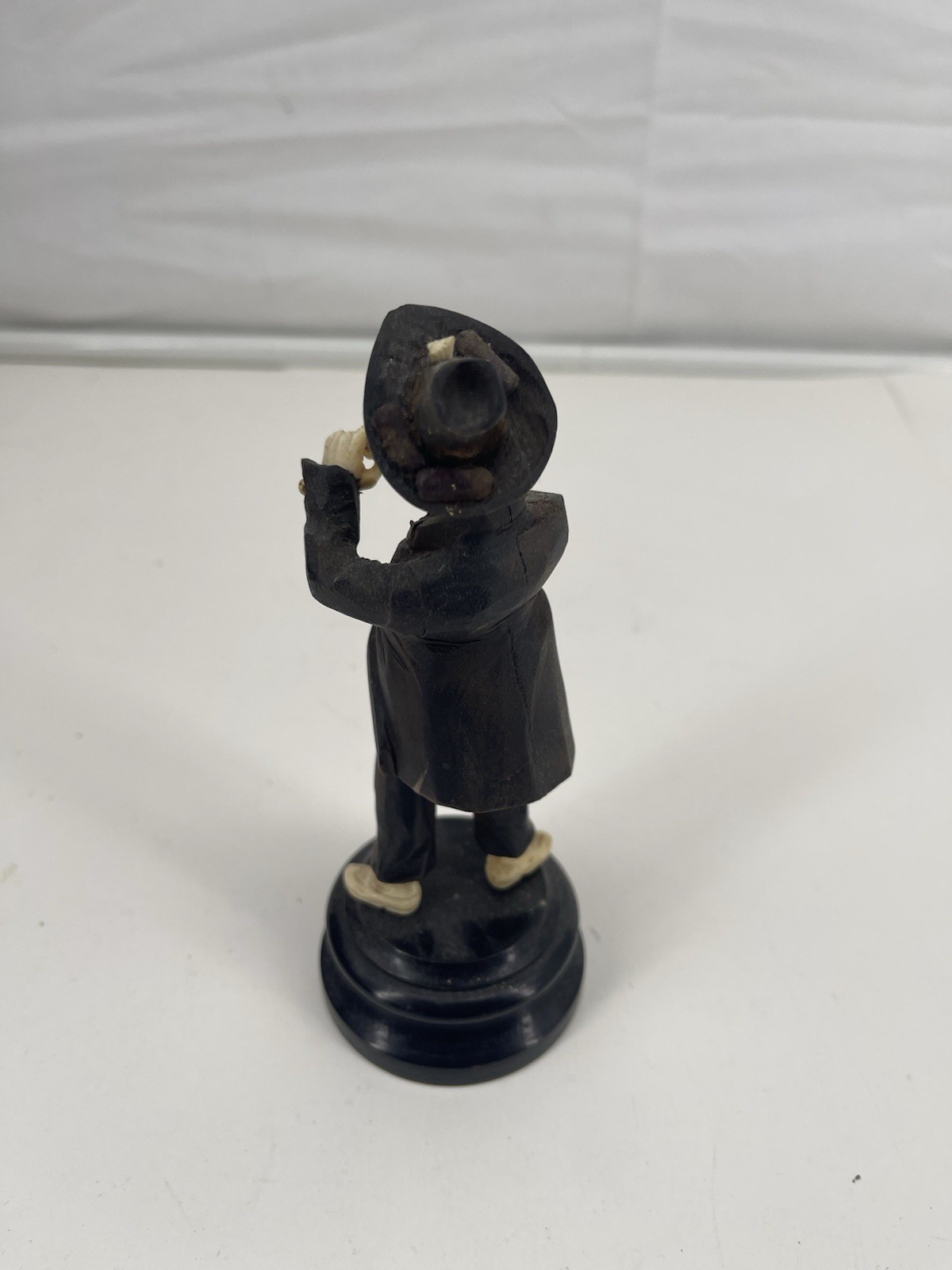 Vintage Hand Carved Chinese Ebony Figurine Boy Playing Flute on Wooden Base