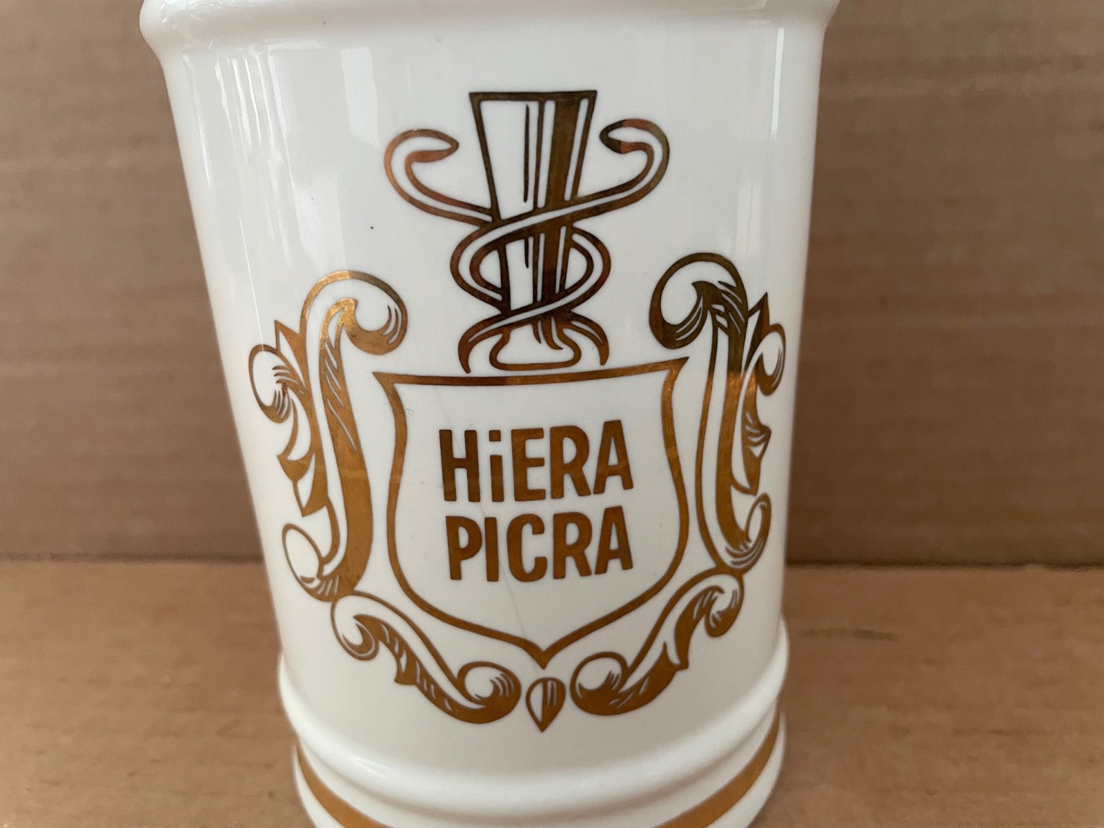 Vintage HIERA PICRA Apothecary Canister Jar w/ Lid OWENS ILLINOIS gold decorated