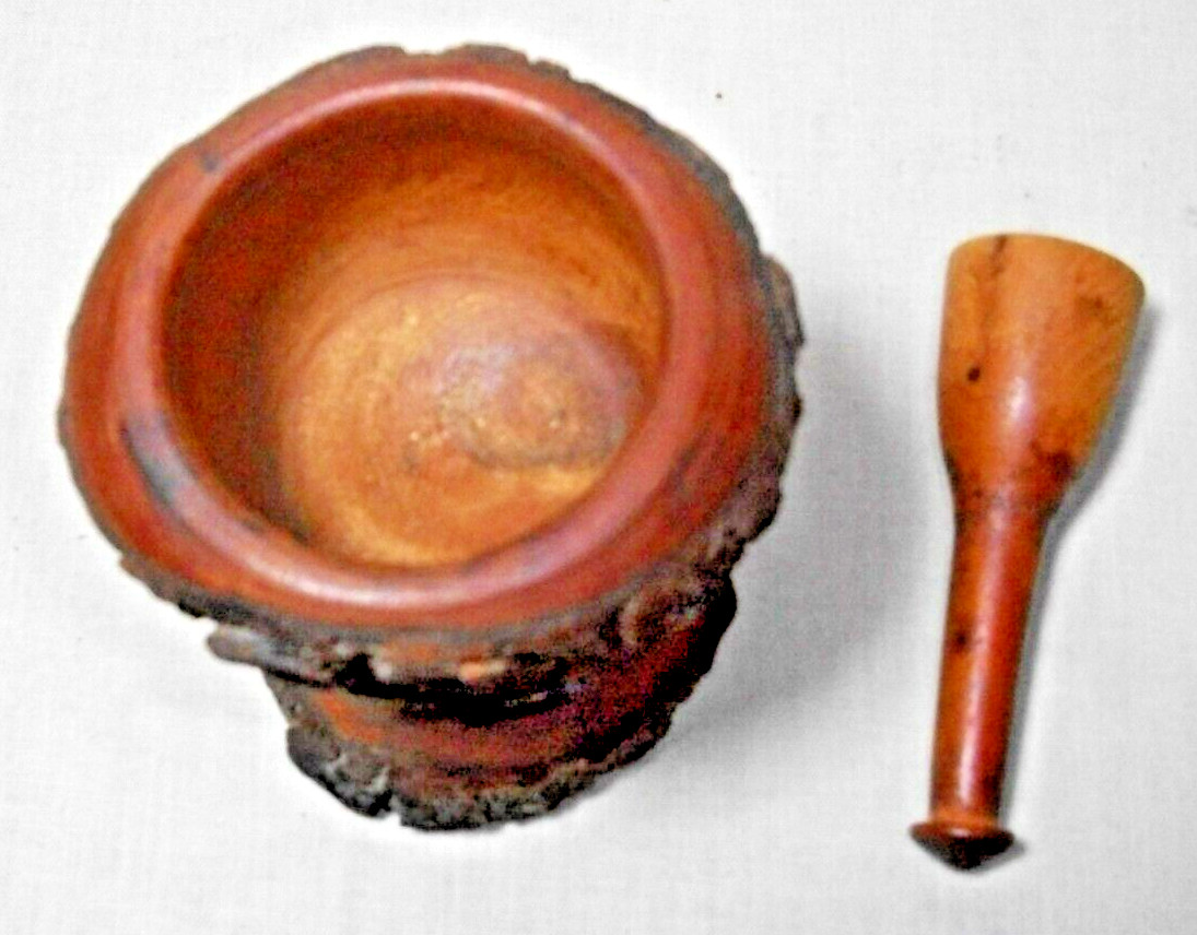 VINTAGE WOOD WITH BARK MORTAR & PESTLE SET