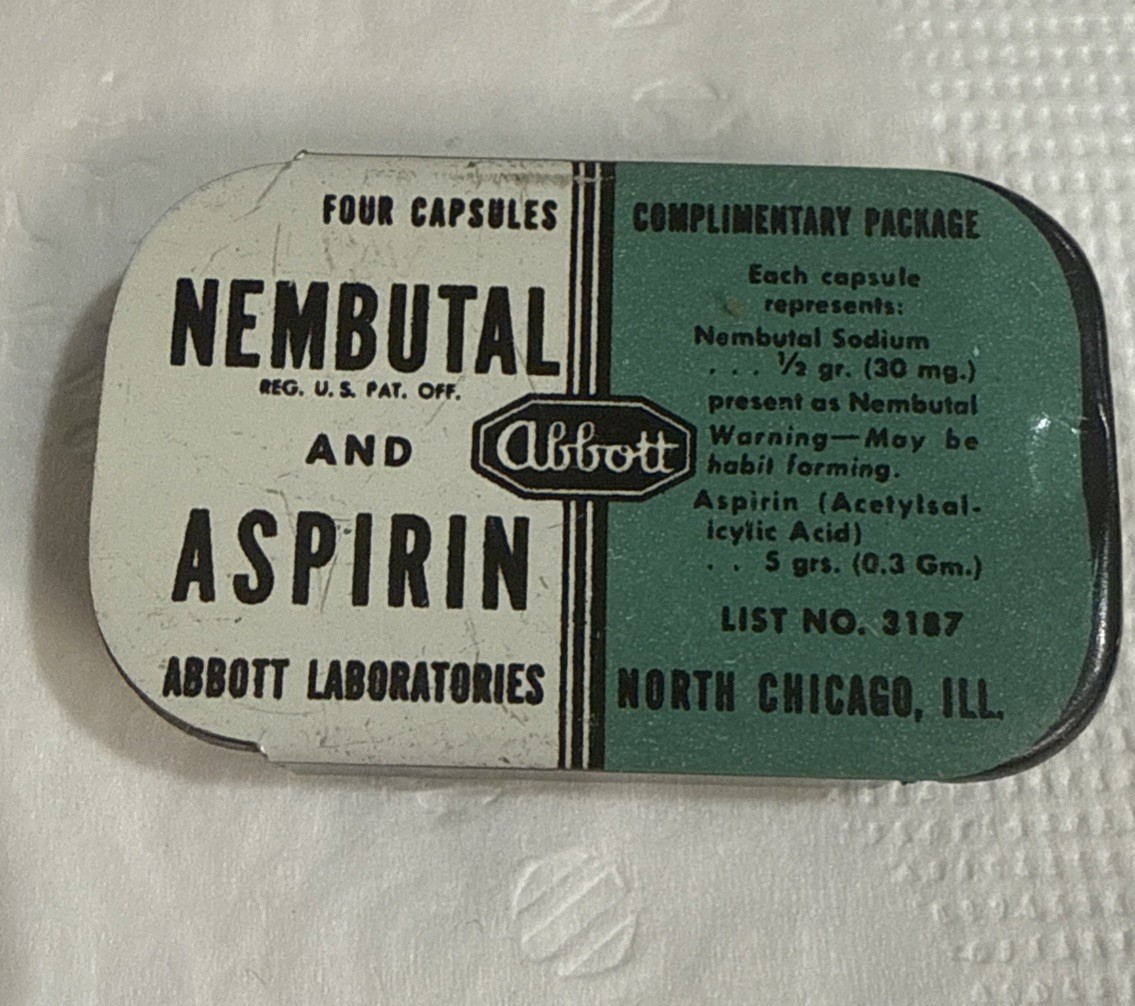 Abbott Labs Nembutal & Aspirin VTG EMPTY Sample Tin Rare Yellowjackets
