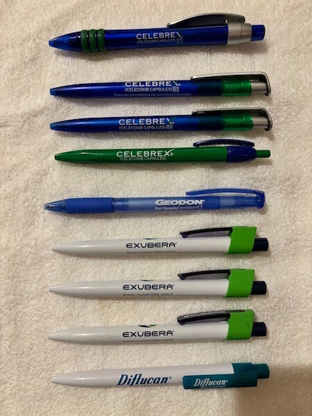 VINTAGE LOT NINE (9) PFIZER DRUG PROMO PENS: CELEBREX, EXUBERA, DIFLUCAN, GEODON