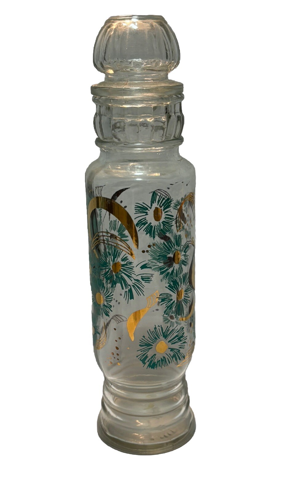 ViNTaGe MiD CeNTuRy GLaSs 11″ Apothecary Jar ReTRo AQuA BLuE & GoLD FLYING BIRDS