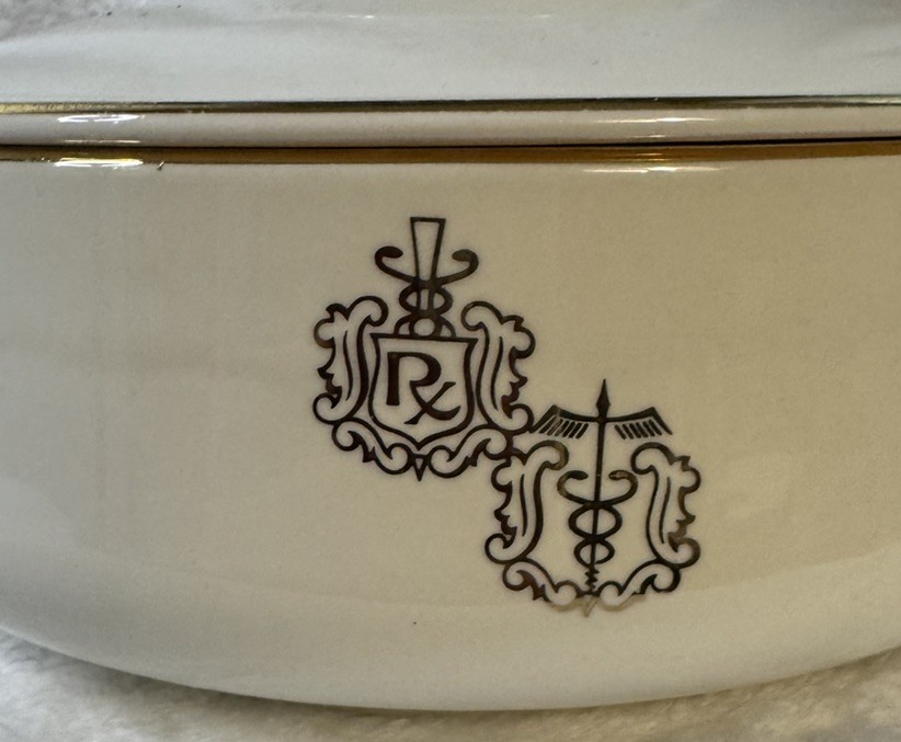 Vintage Apothecary RX Pharmacy Covered Dish Medical Crest Lidded Bowl Gold Trim