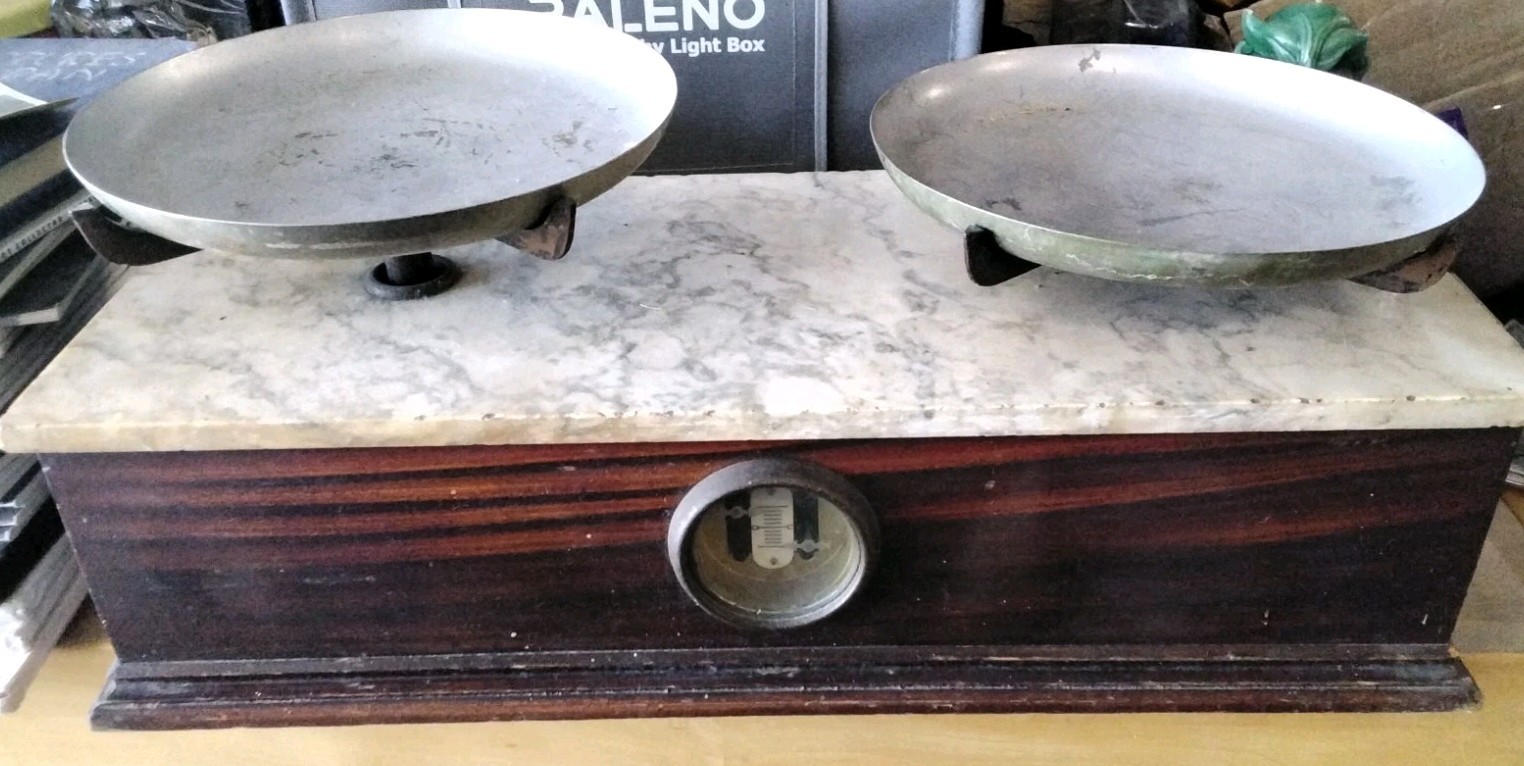 Antique Henry Troemner Balance Scale Wood & Marble Apothecary Table Top Pharmacy