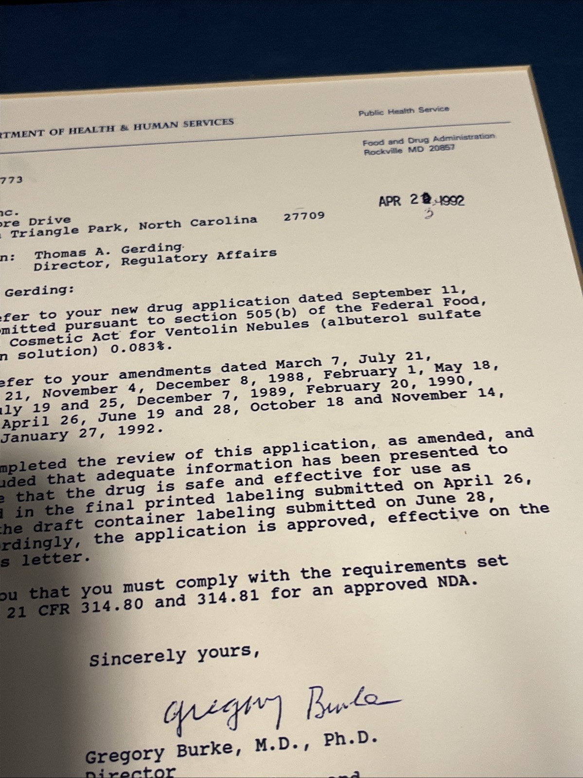 Paper FDA Approval Letter, 11×13 Matted
