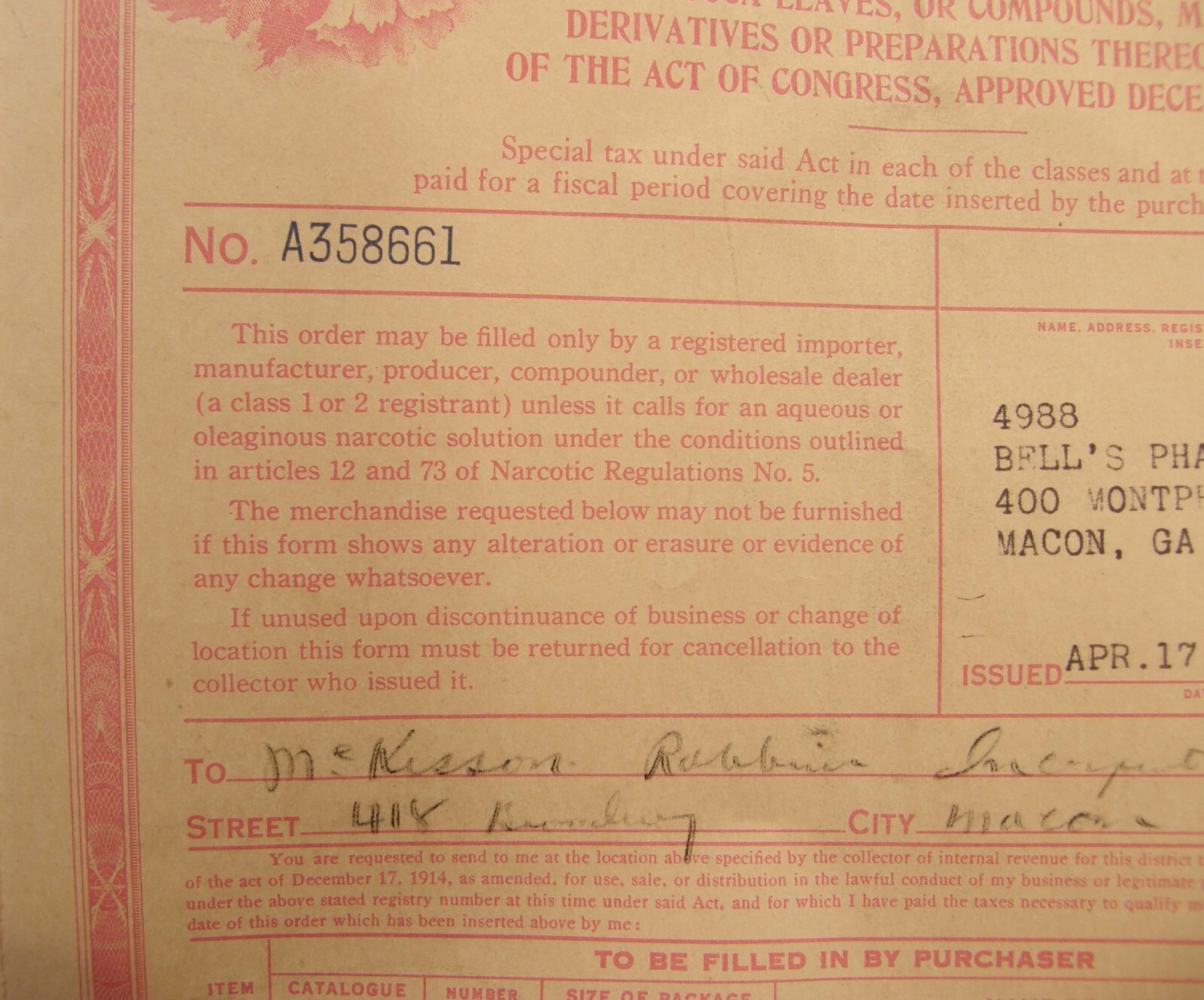 VINTAGE 1936 US TREASURY DEPT REVENUE FORM COCA LEAVES OR OPIUM MACON GEORGIA