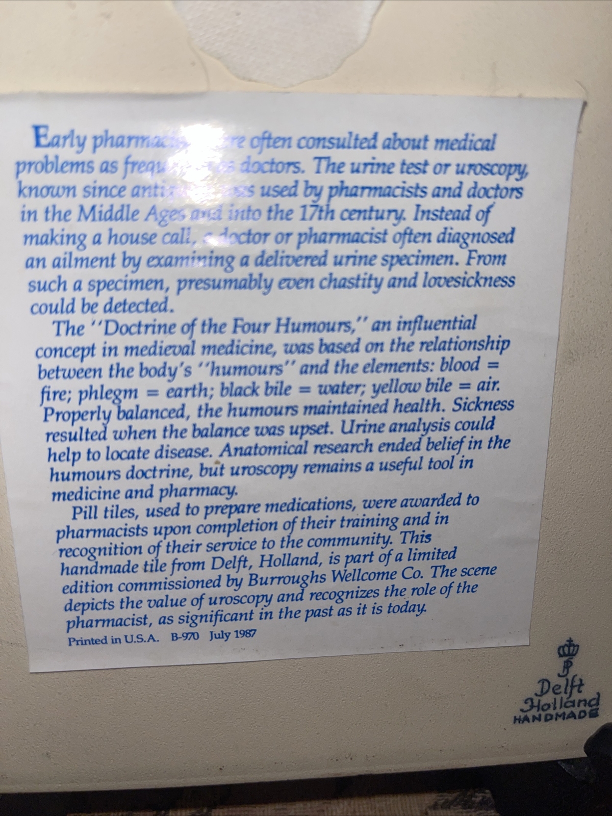 BURROUGHS WELLCOME BLUE DELFT HOLLAND HOMEMADE PHARMACY PILL TILE, 1987 MINTY