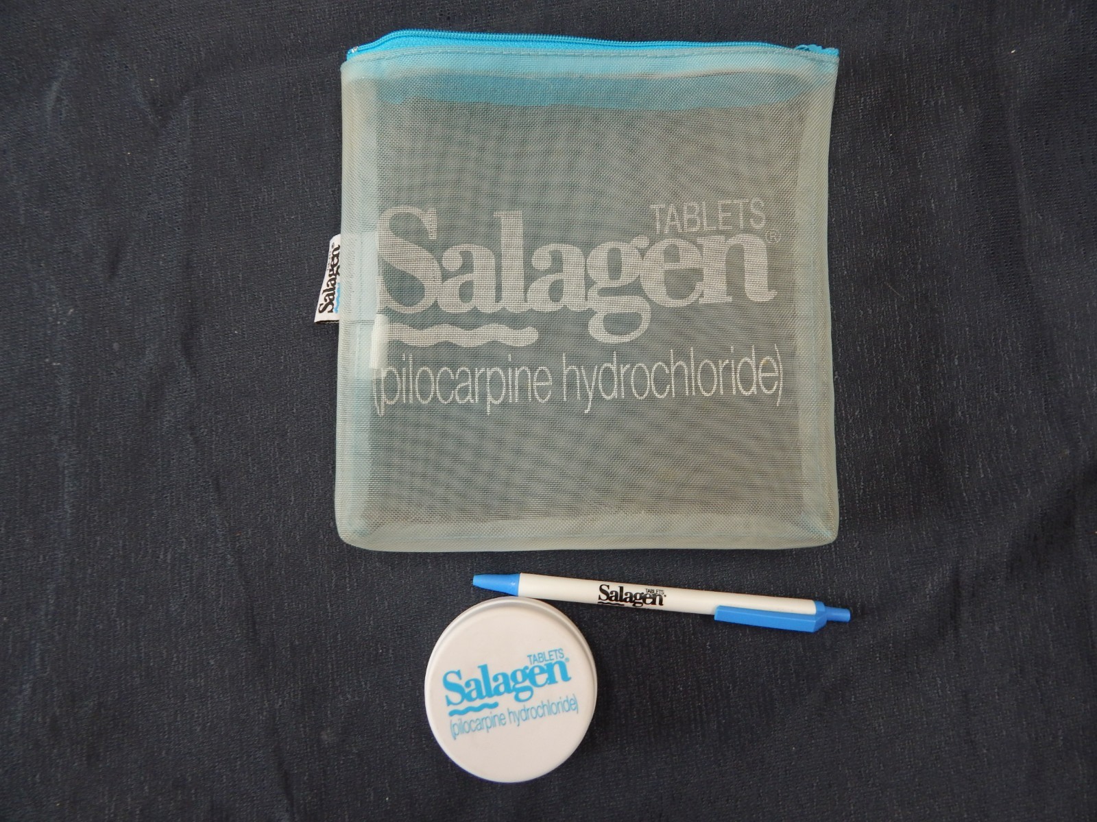 Vintage Salagen Drug Rep Pen Collapsible Cup Pill Holder & Zippered Bag 3pc set