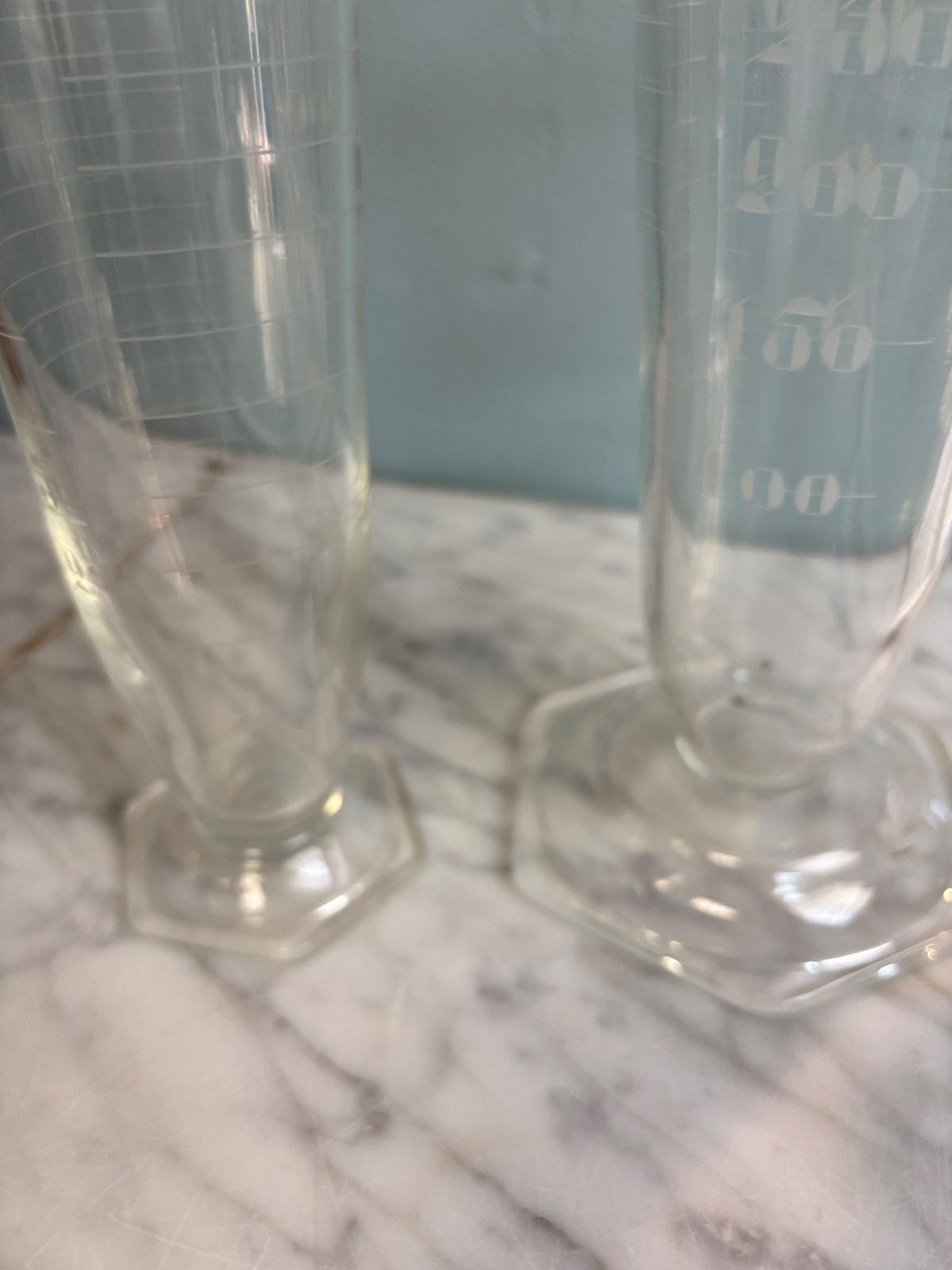 Set of 2 Antique Laboratory Hex-Footed Glass Graduated Cylindar Beakers Pyrex