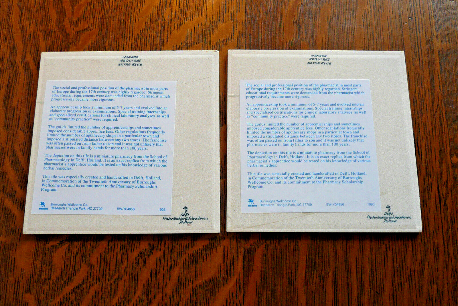 Burroughs Wellcome Co. Pharmacy Scholarship Program ~ 2 Delft Ceramic Tiles 1993