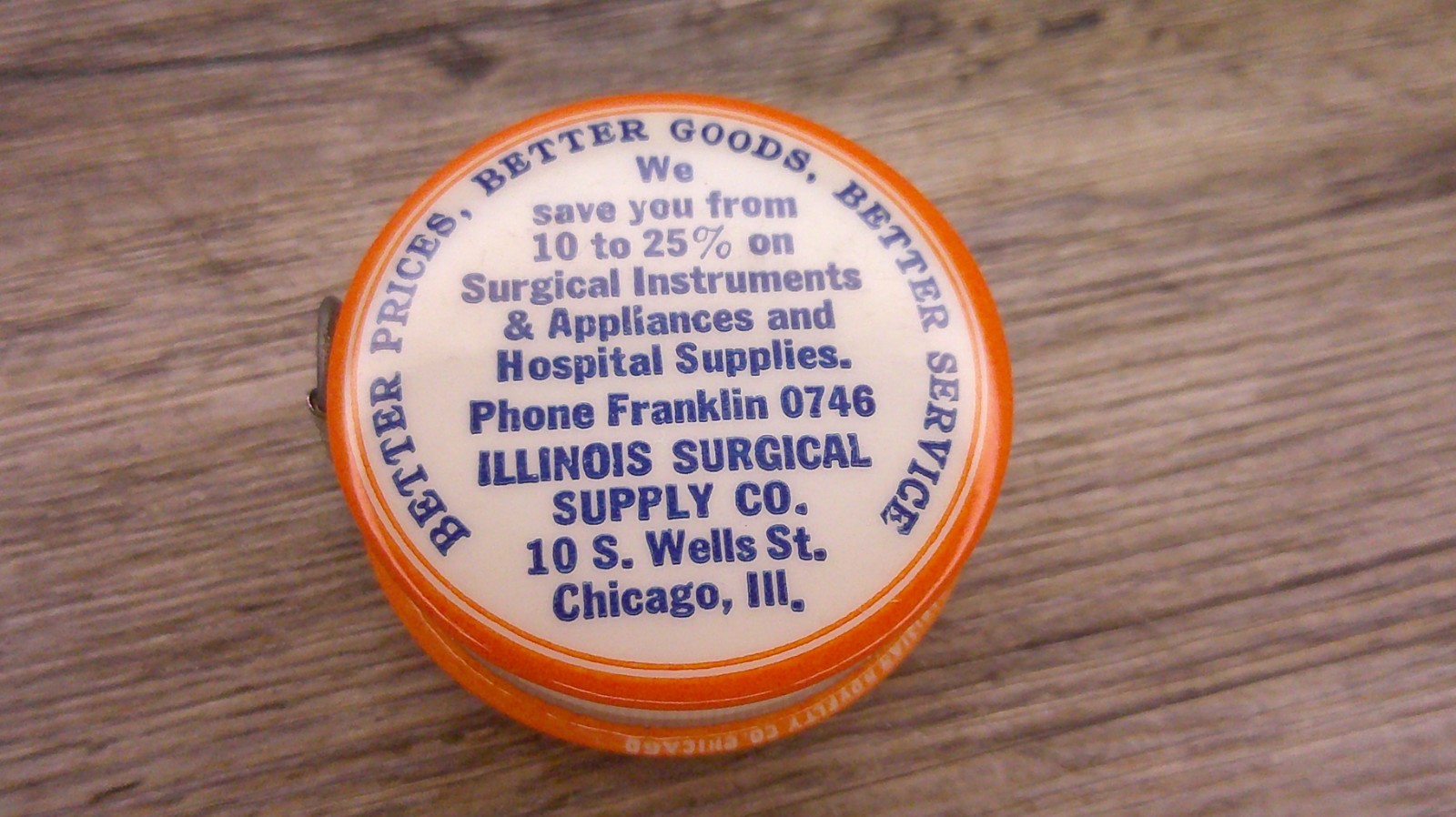 vtg. advertising celluloid tape measure Illinois Surgical supply prosthetics