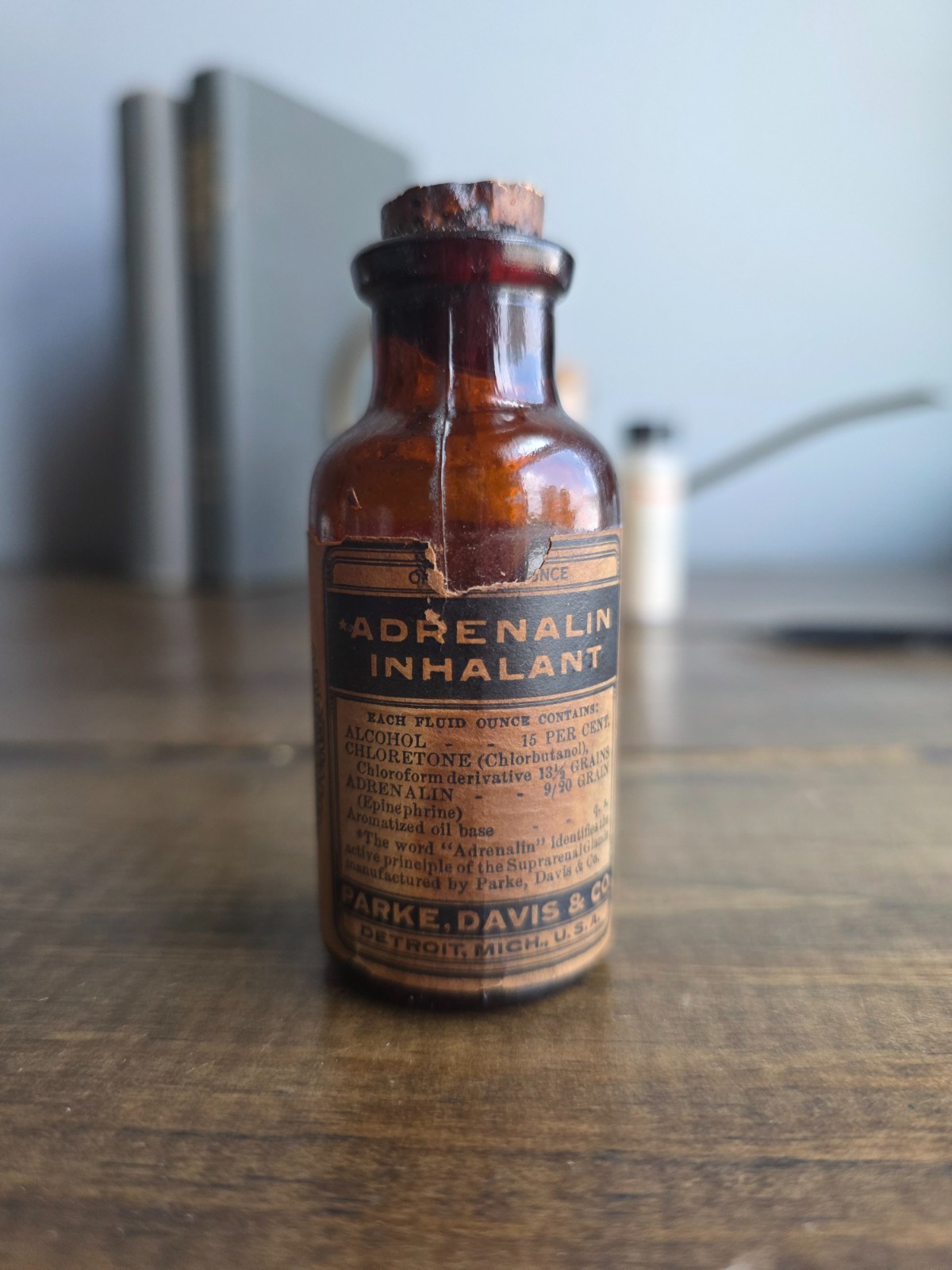 Antique Parke Davis Adrenalin Inhalant Amber Glass Apothecary Medicine Bottle