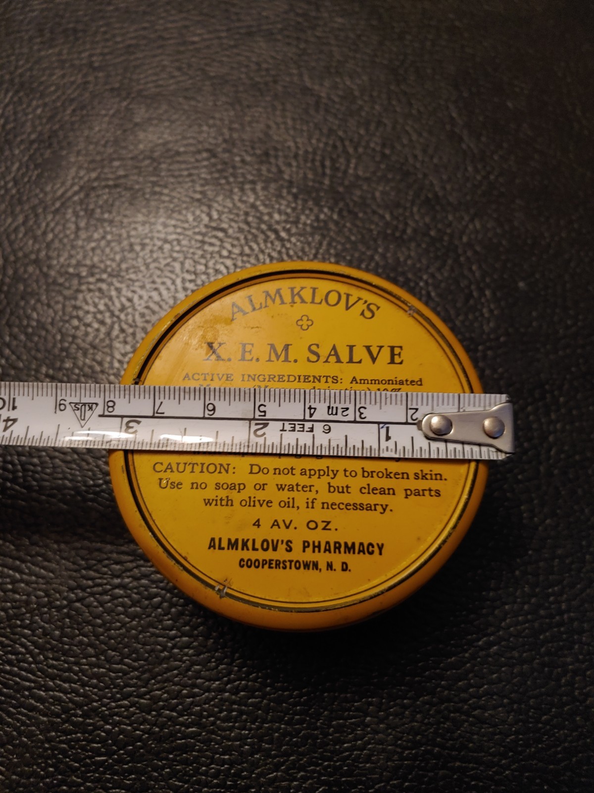 Vintage Almklov’s Pharmacy Cooperstown North Dakota 4oz Tin X. E. M. Slave