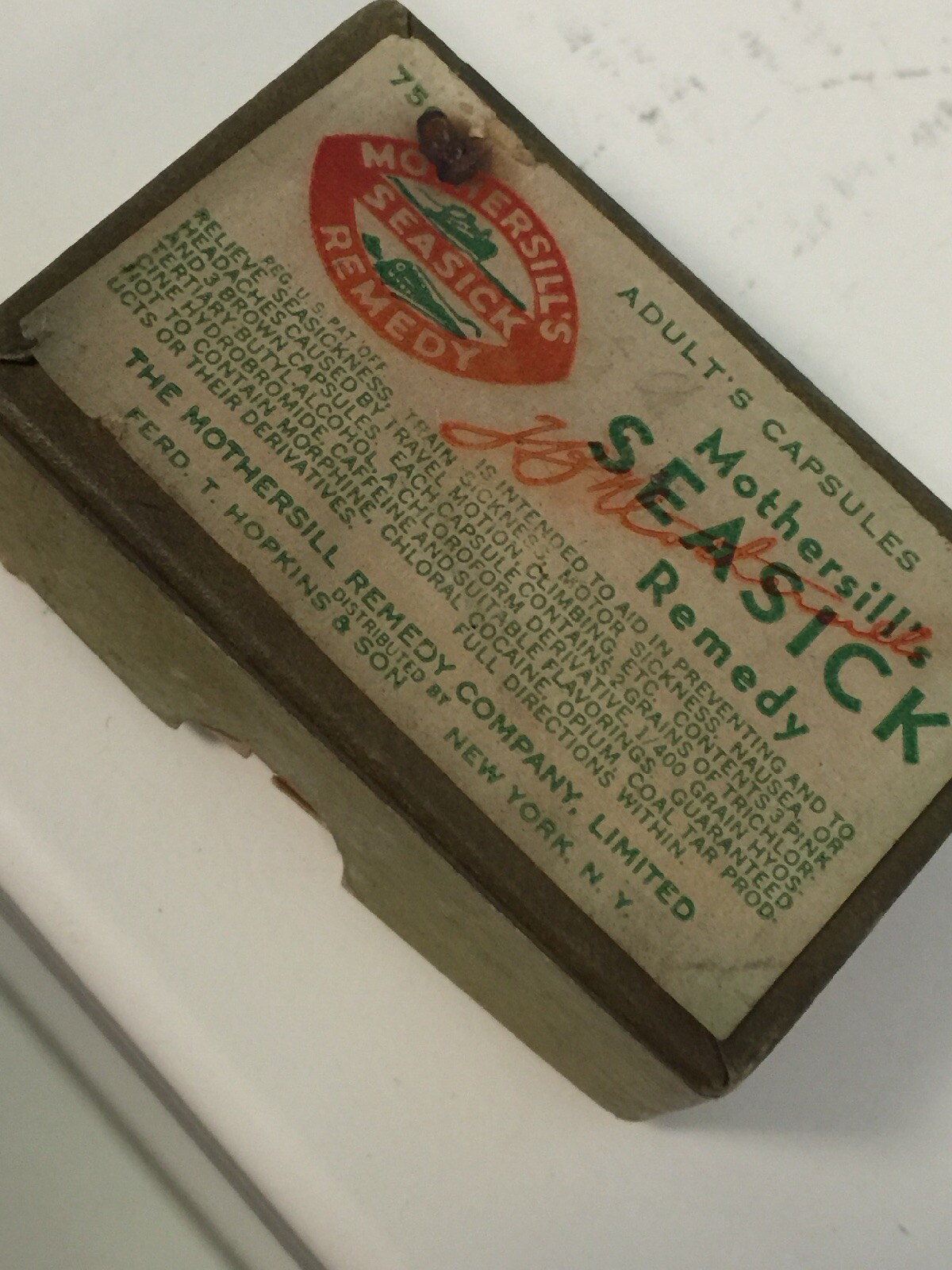 Old Advertising Medicine Box Mothersill’s Sea Sick Remedy Fred Hopkins New York