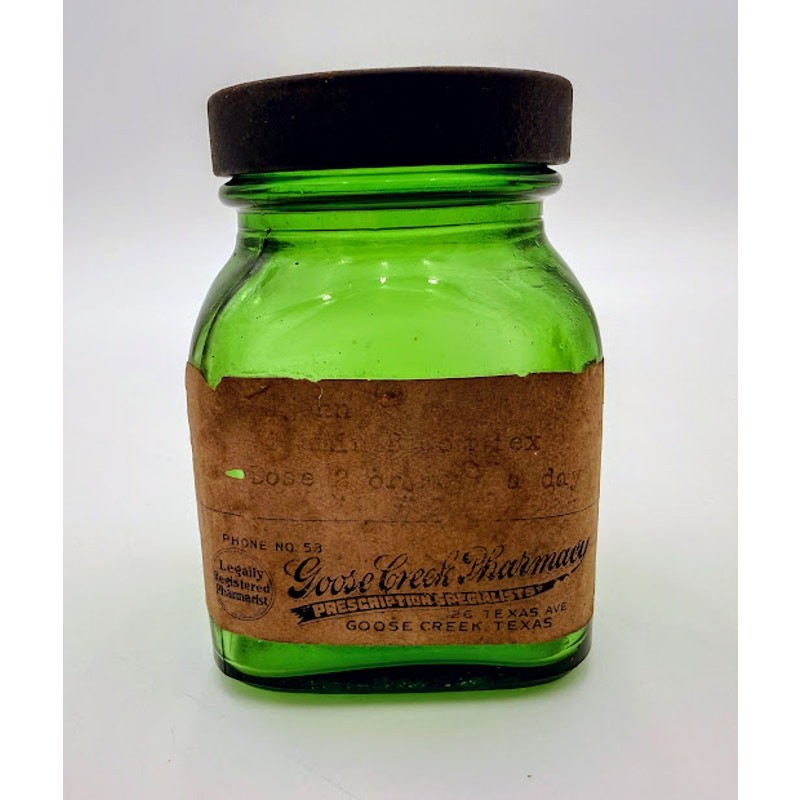 Vintage Goose Creek Pharmacy Green Glass Bottle With Original Label