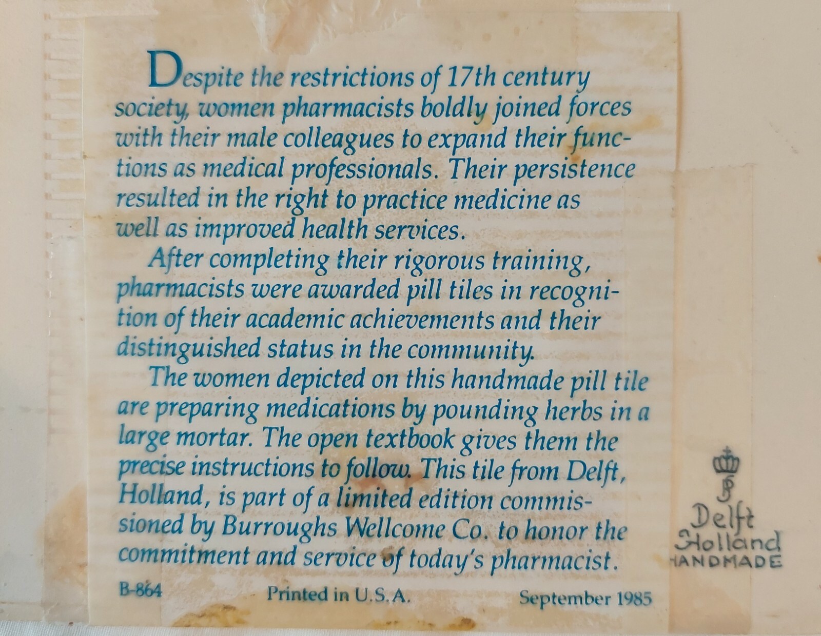 BURROUGHS Pharmacy Tiles Handmade DELFT set 4 MD Dr Dentist Office gift medical
