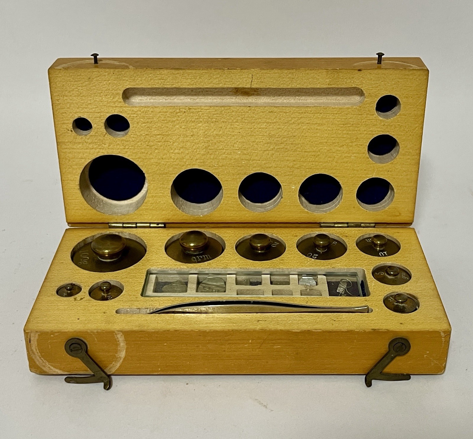 Antique Vintage Chemist Travelling Brass Weights and Tweezers in Box