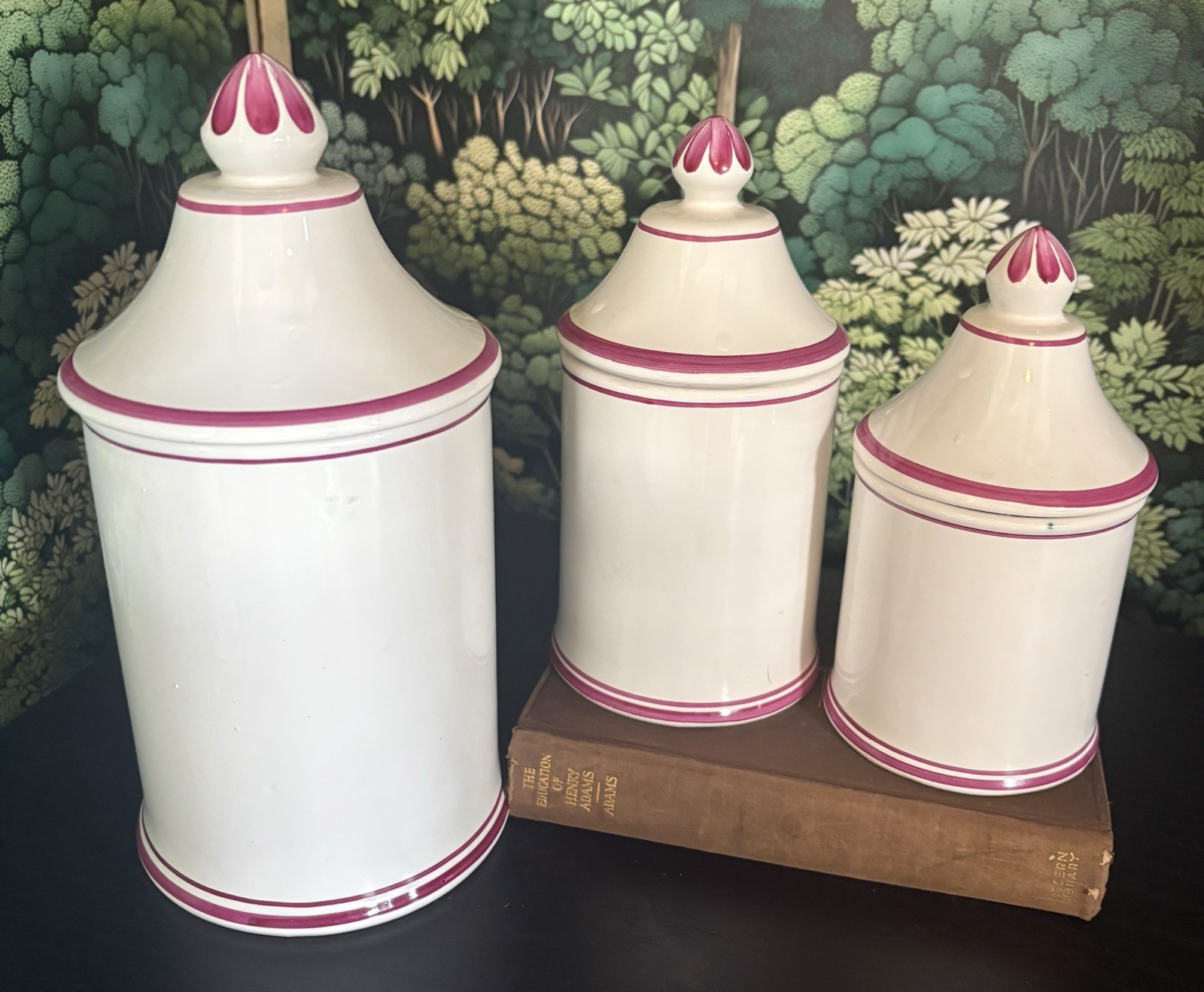 Vintage Set of 3 Apothecary Jars with Lids Herr Keramik Pink And White Floral