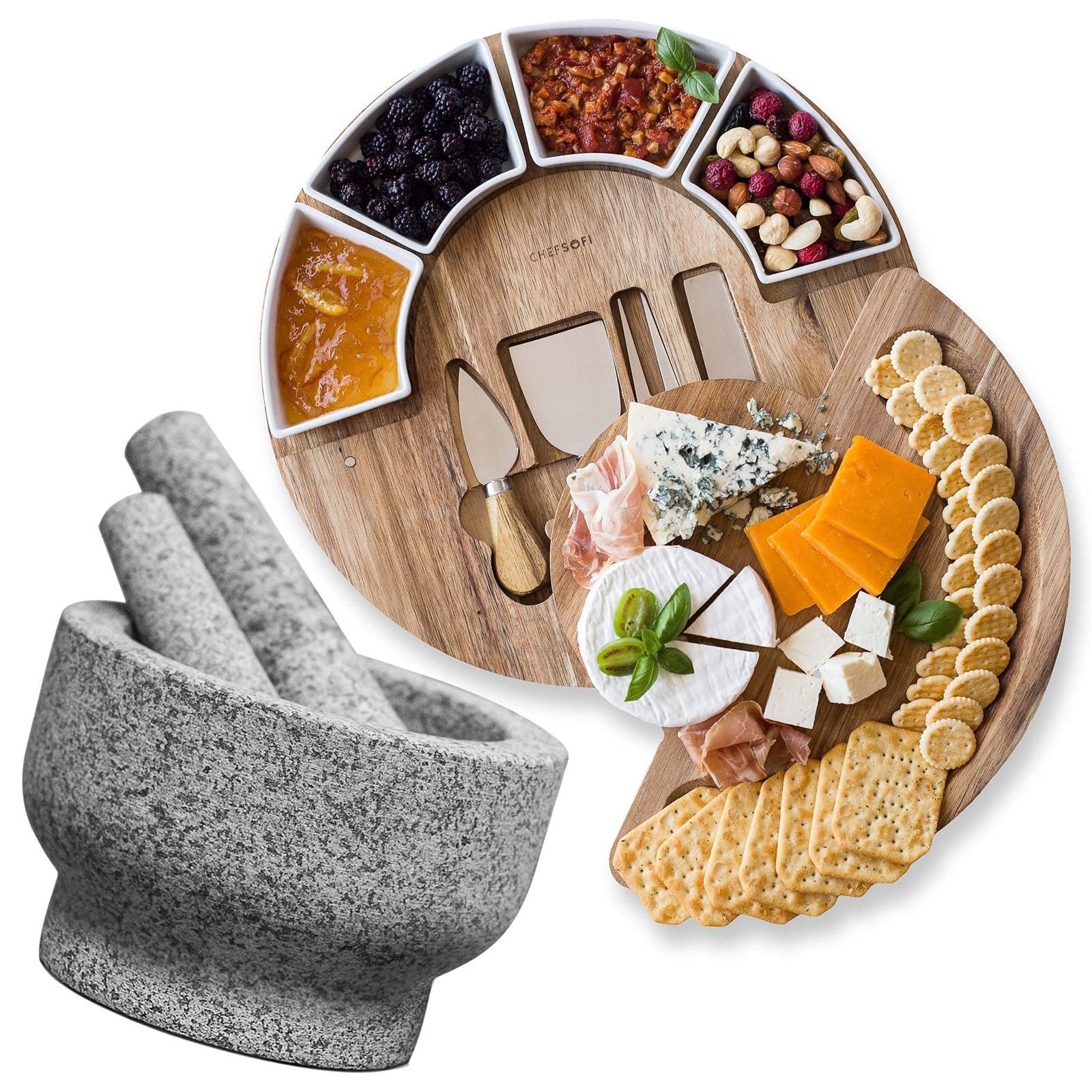 ChefSofi Cheese Board and EXTRA Large Mortar and Pestle Set.