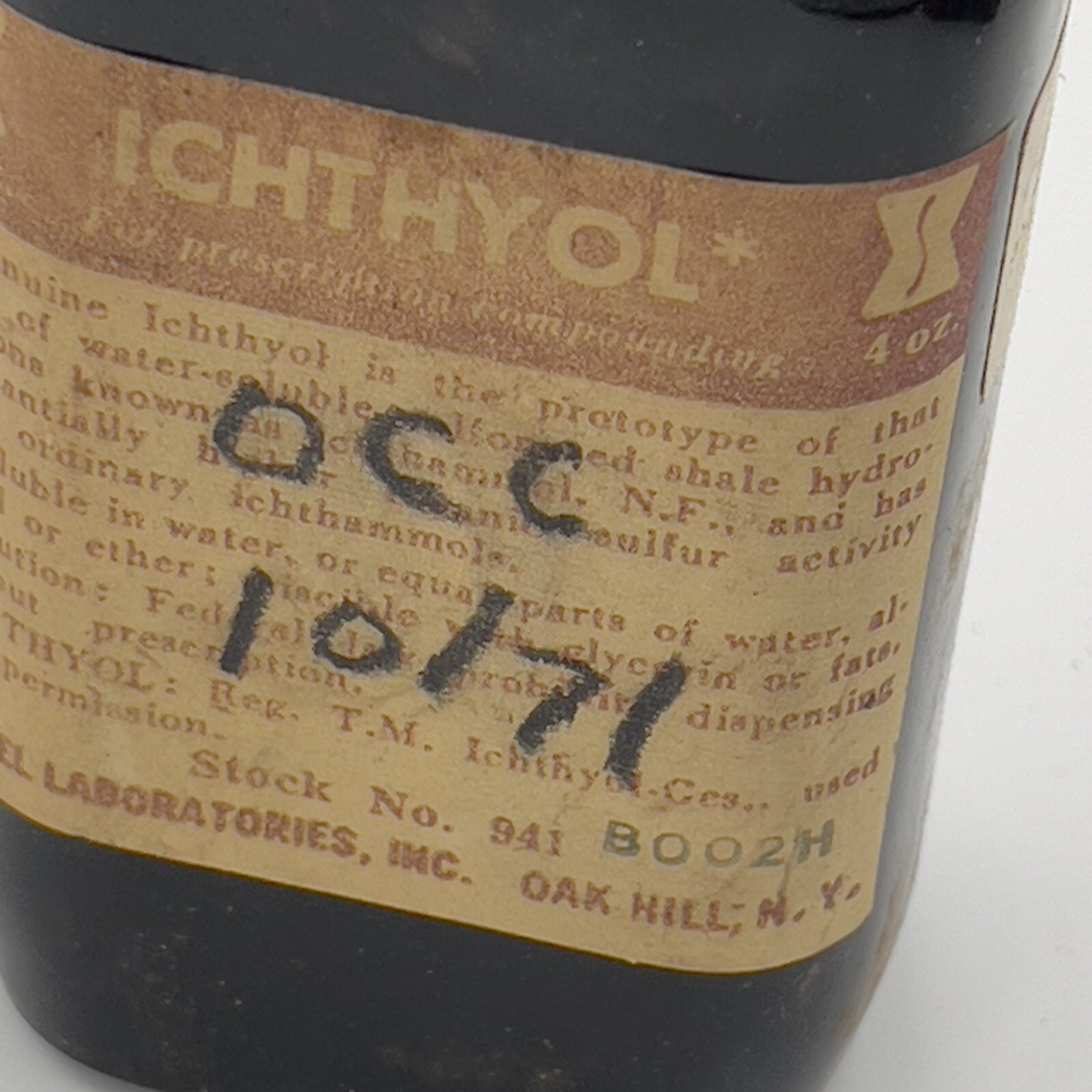 Vintage Stiefel Ichthyol Ichthammol Bottle 4oz 1930’s for Collection/Display
