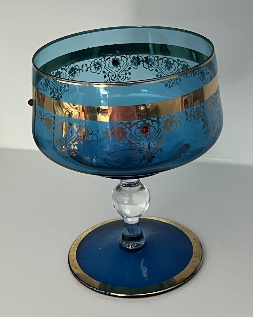 Vintage Azure Blue Handblown Glass Apothecary Jar w Lid 22K Gold