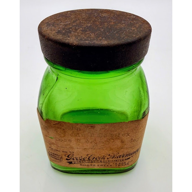 Vintage Goose Creek Pharmacy Green Glass Bottle With Original Label
