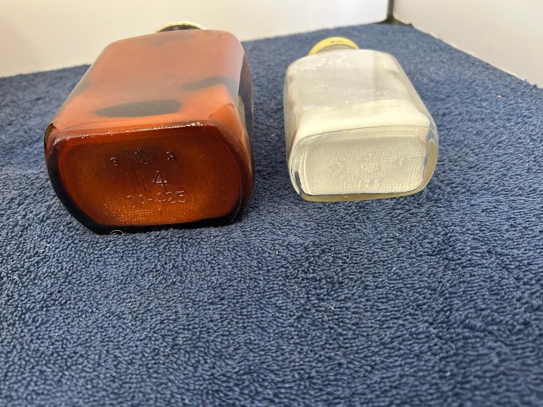 2 glass pharmacy bottles w paper label Morristown Drugs EXPIRED talc & dextrose