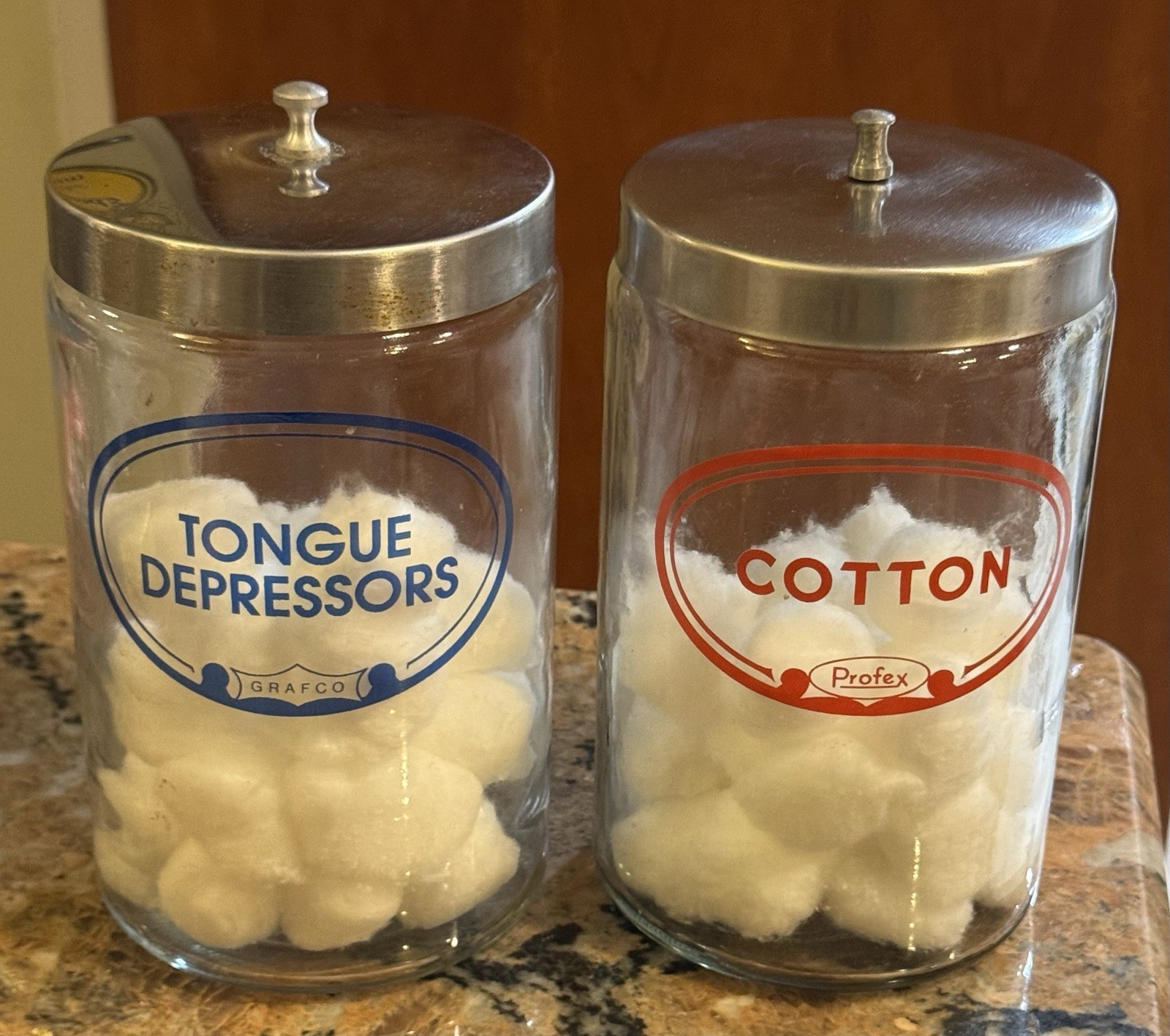 1940’s-60’s Medical Dental Apothecary Jars Cotton & Tongue Depressors Set 7” T