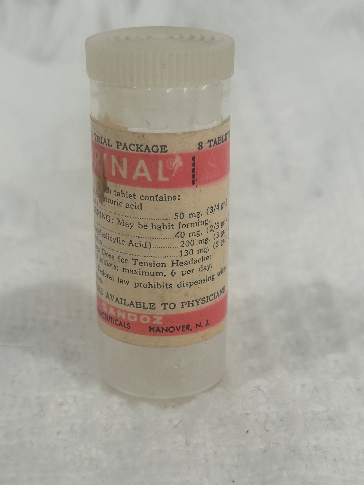 Sandoz Fiorinal EMPTY VINTAGE Barbiturate Medicine Sample Bottle RARE Pharma