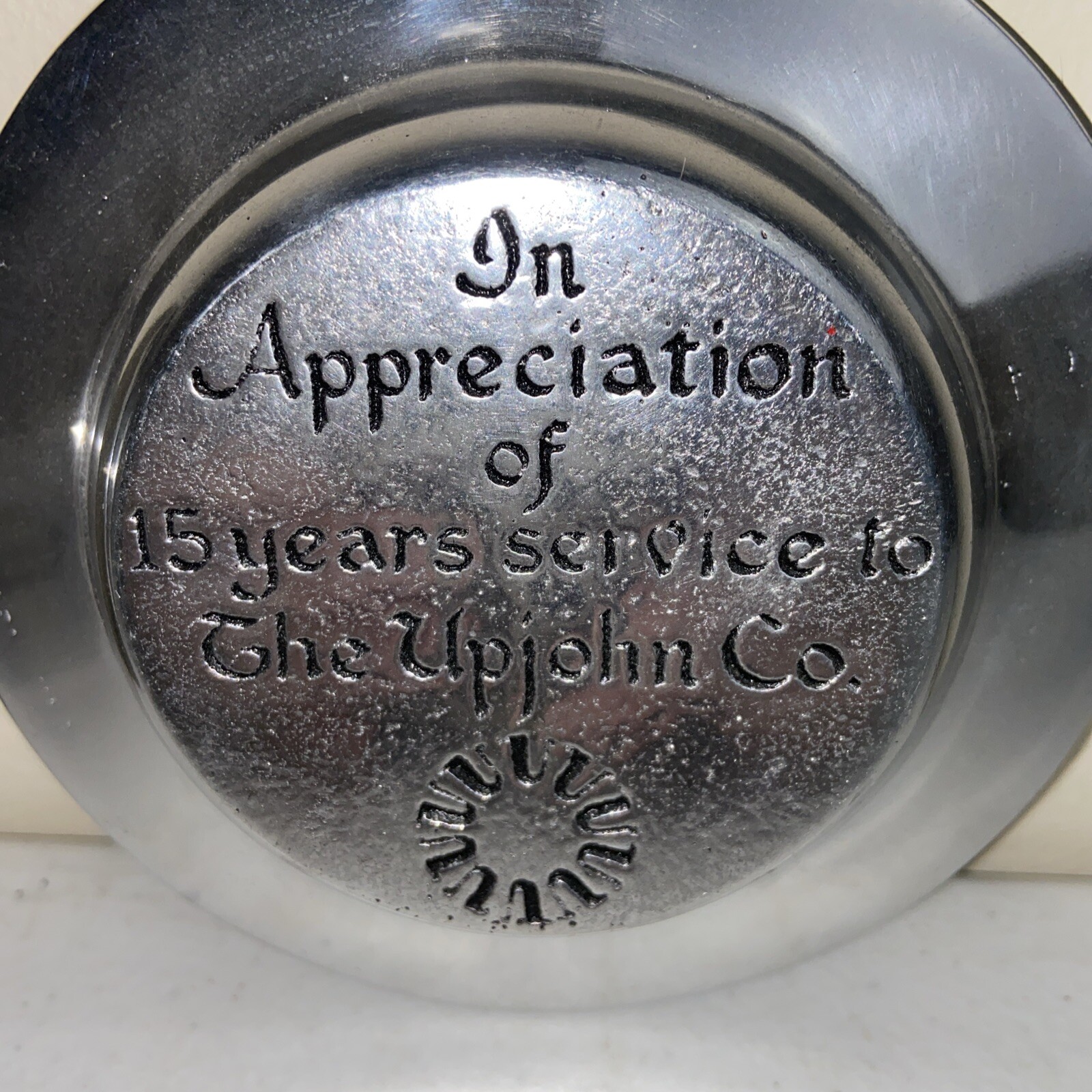 The Upjohn Company 15 Year Pewter Service Award Engraved Trinket Dish Set Of 2