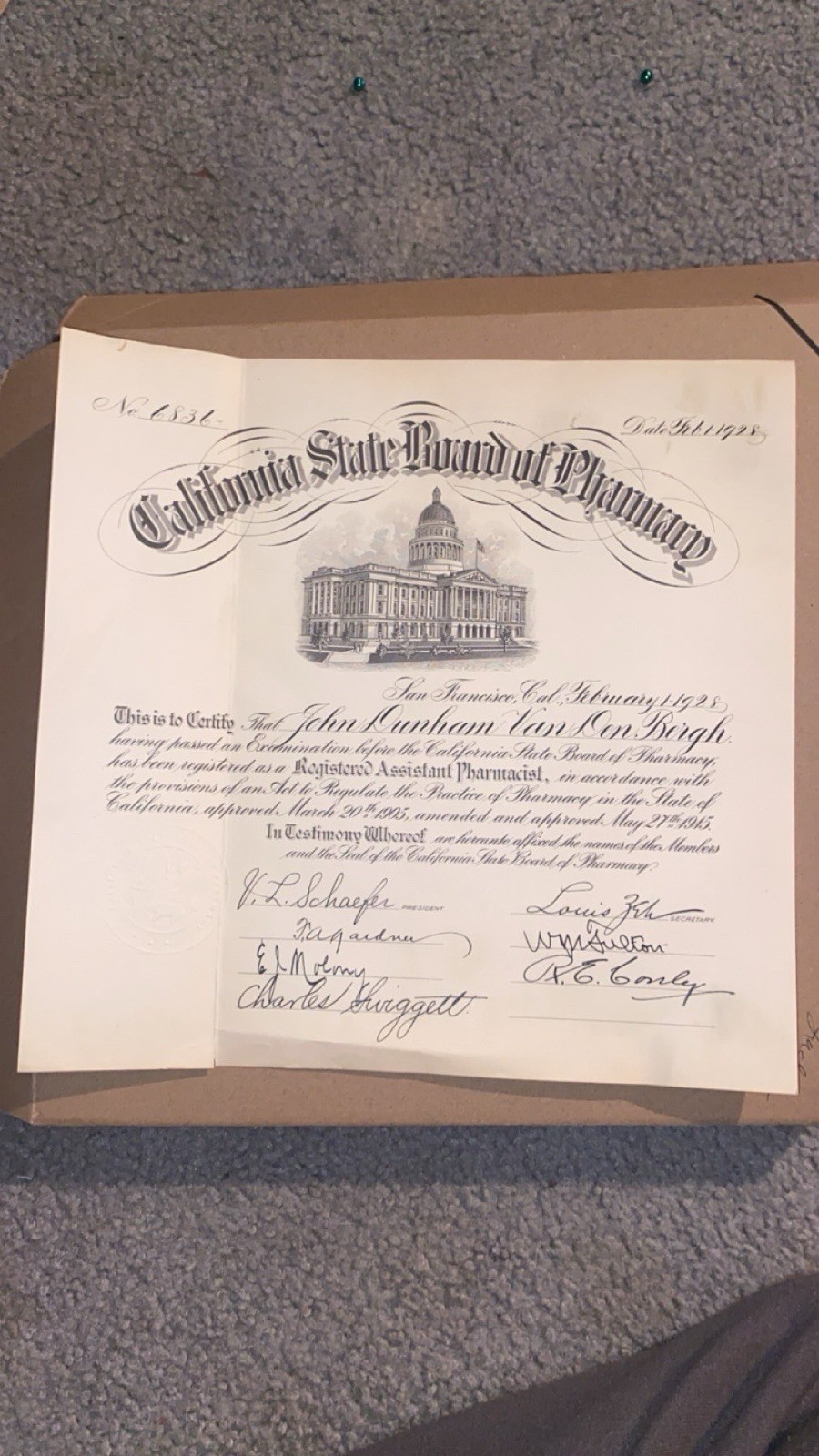 Antique California State Board of Pharmacy Certificate 1928