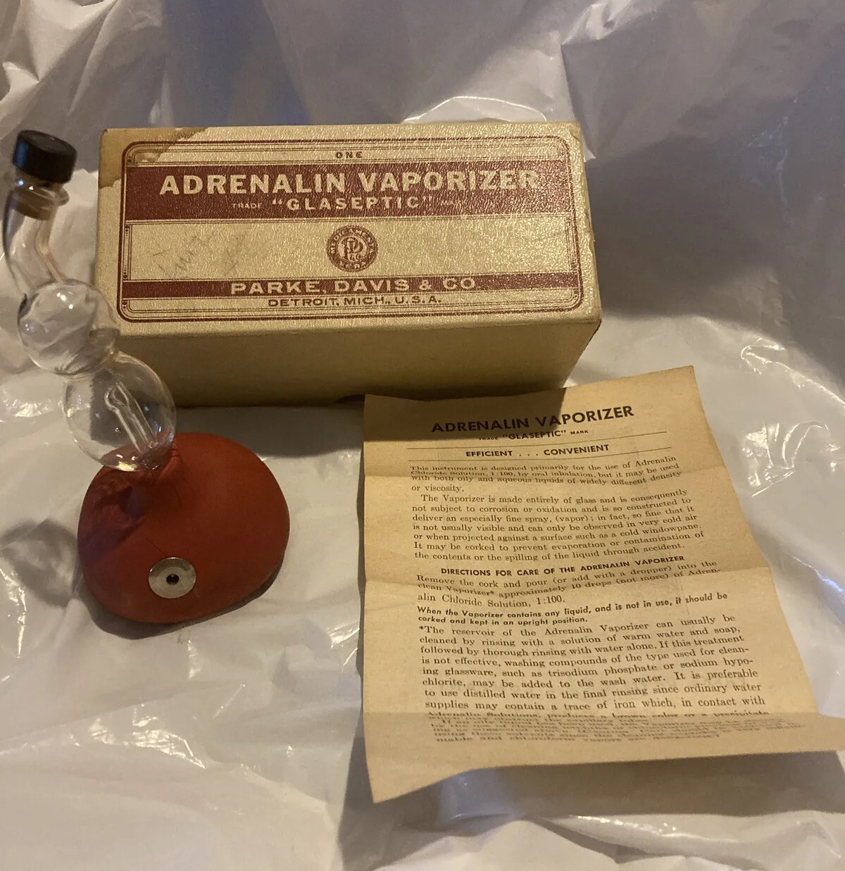 Vintage ‘50s Parke Davis GLASEPTIC ADRENALIN VAPORIZER With Box, Instructions