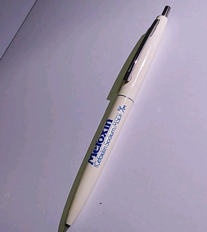 Vintage BIC CLIC MEFOXIN Drug Promotional Ballpoint Click Pen Ad blue white USA