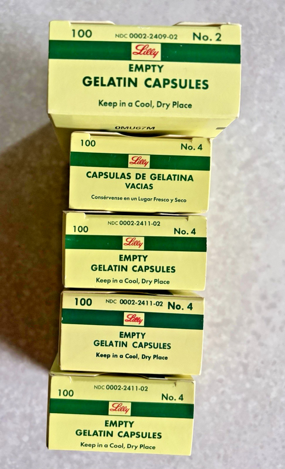 Lot Of Five Boxes Lilly Clear Gelatin Empty Capsules 1 Box No.2 4 Boxes No.4