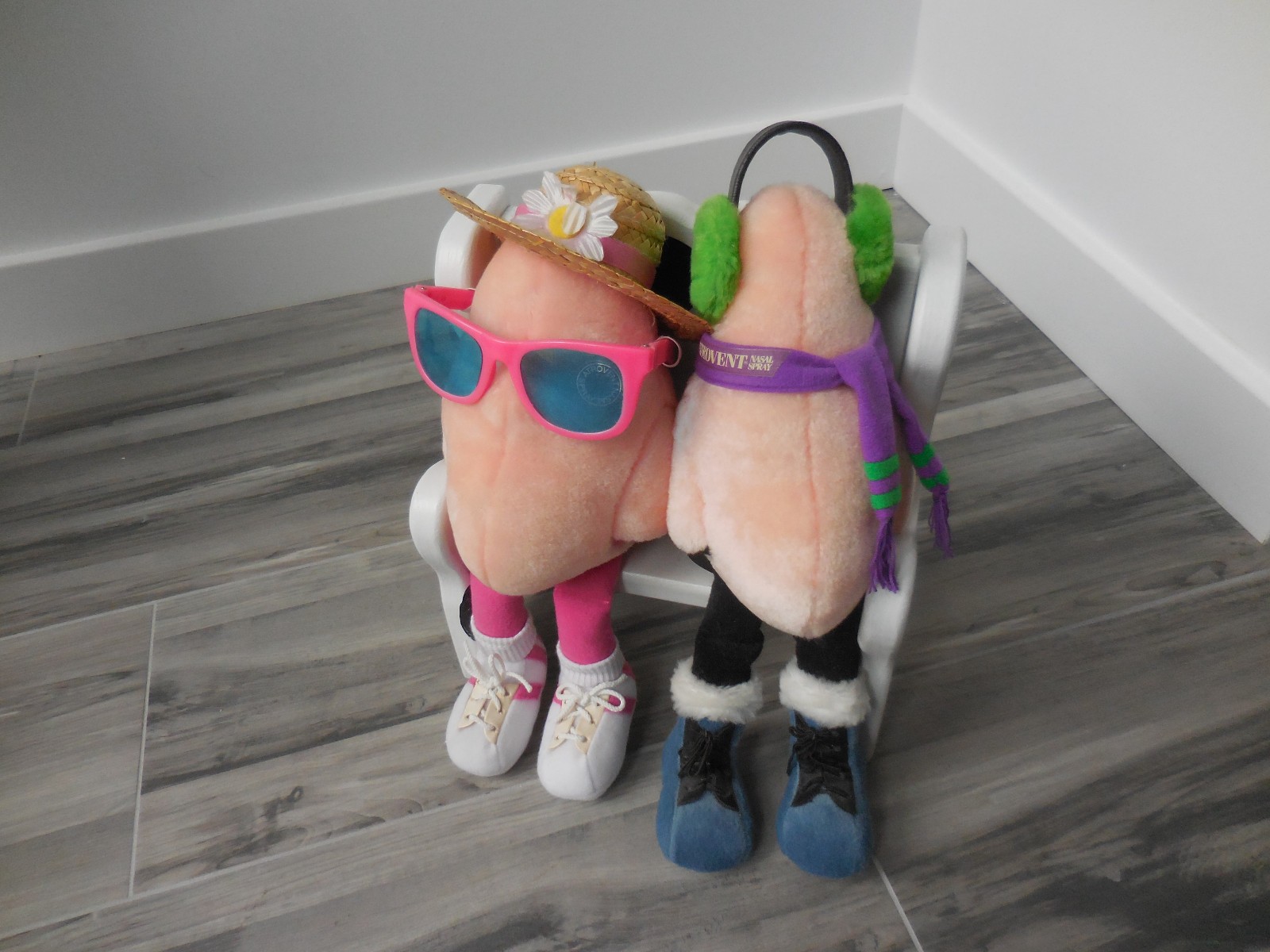 Atrovent Nasal Spray Plush Advertising Promo Giant Noses on Bench Earmuffs Scarf