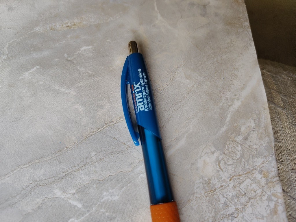 HTF Amrix Pharmaceutical Drug Rep Promo Advertising Pen RARE Blue Orange