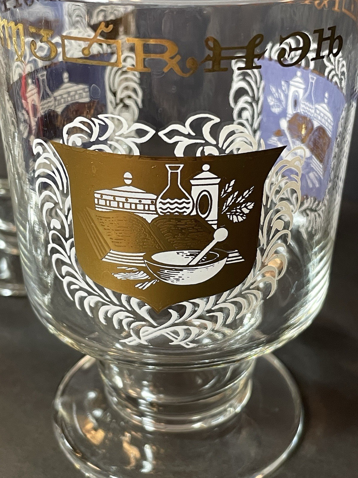 4 MCM Apothecary Pharmacy Medical Rx Gold Trim Footed Bar Drinking Glasses