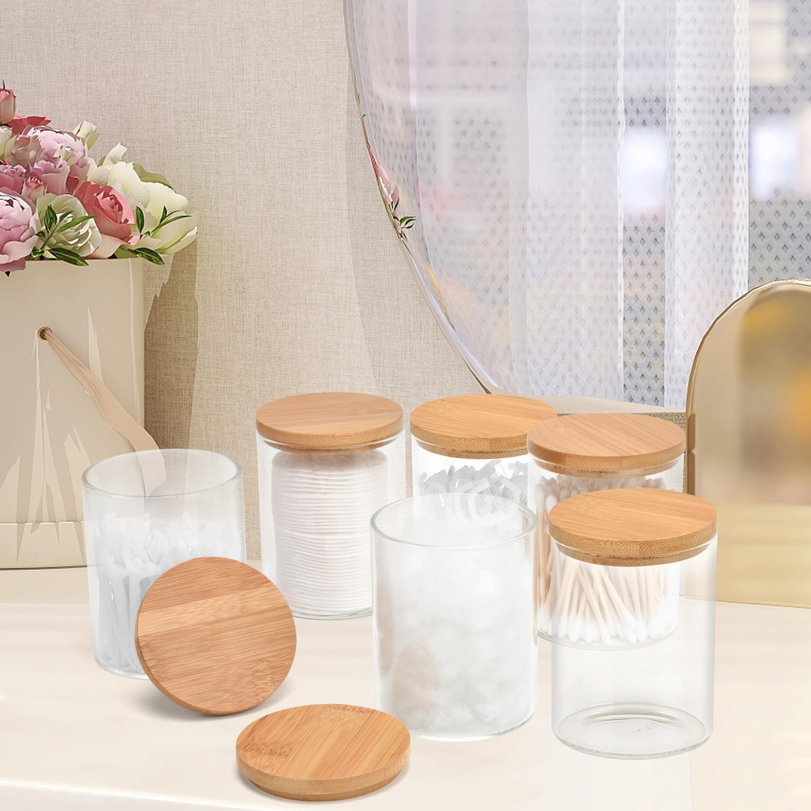 BKYFPQ 6 Pack Glass Qtip Holder Dispenser Set – Apothecary Jars with Lids for…