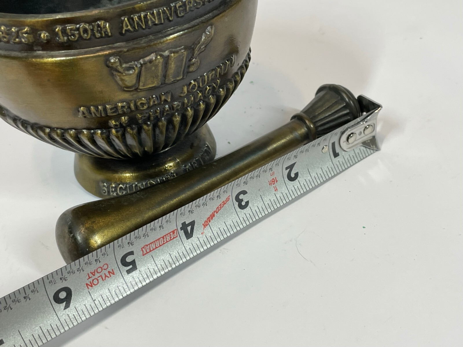 Vintage First American Pharmacy Journal Cast Brass Bronze Mortor & Pestle Set
