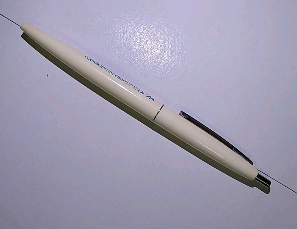 Vintage BIC CLIC MEFOXIN Drug Promotional Ballpoint Click Pen Ad blue white USA