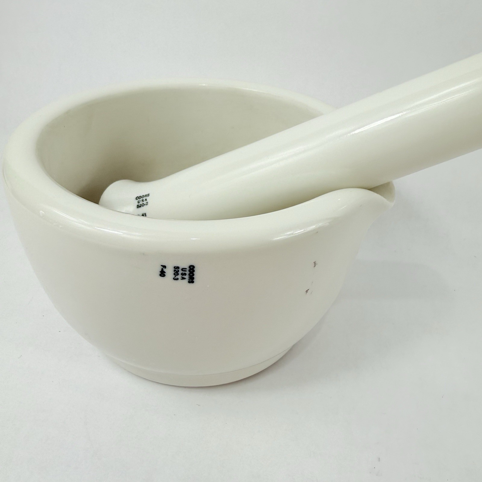COORS Large White Porcelain Mortar & Pestle Set #5202 F41 #5203 F40 USA VINTAGE