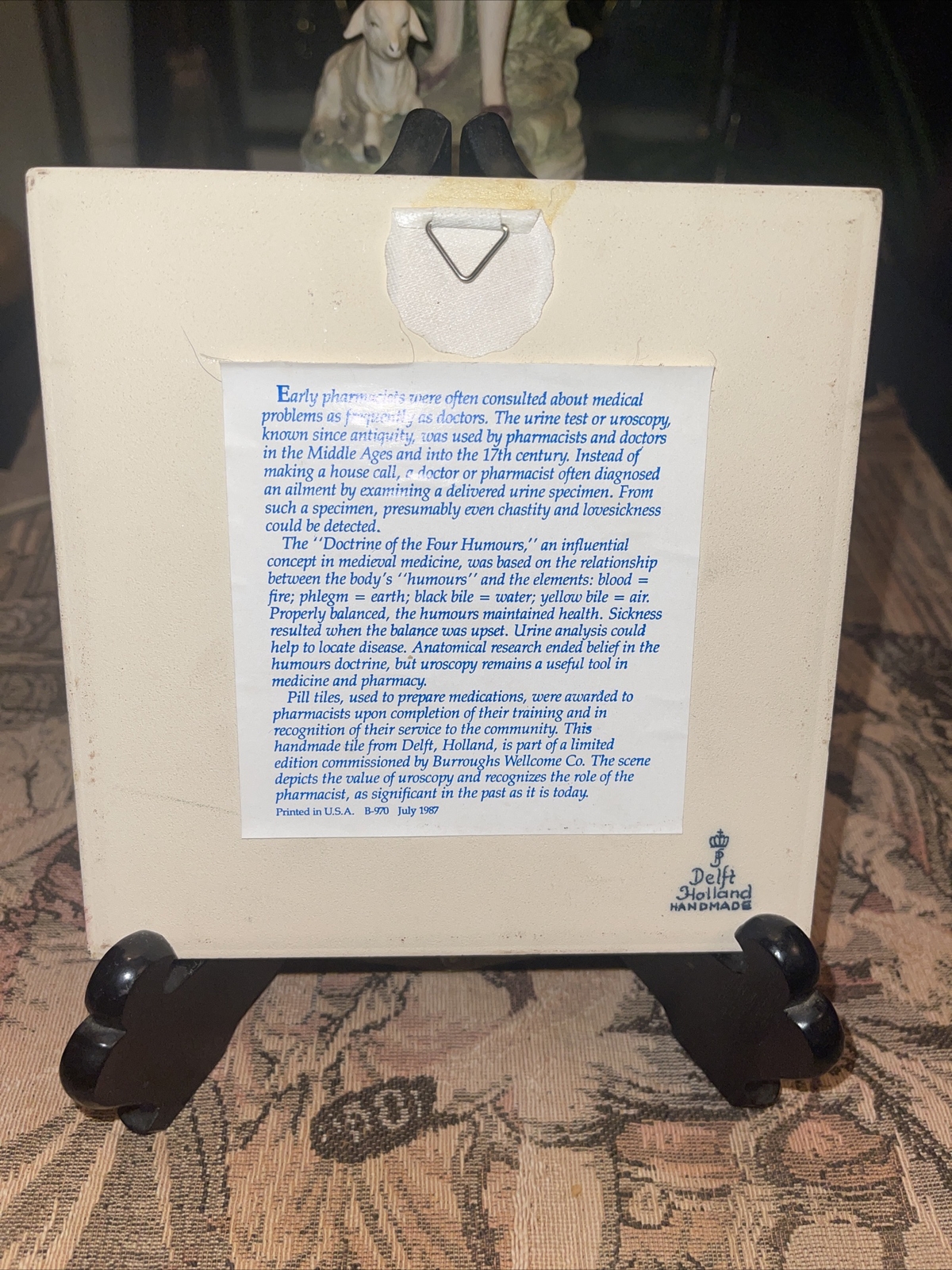 BURROUGHS WELLCOME BLUE DELFT HOLLAND HOMEMADE PHARMACY PILL TILE, 1987 MINTY