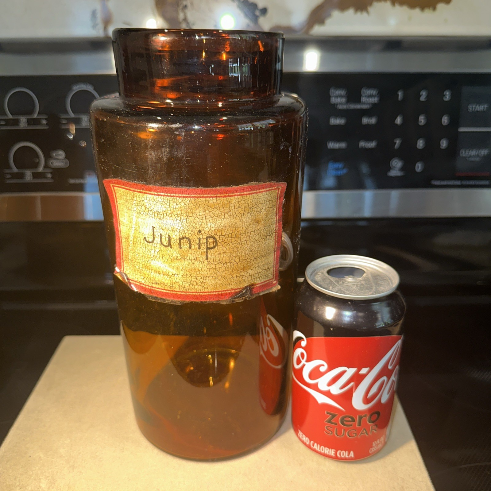 Antique Amber Junip Apothecary Large Glass Jar, 1920s ~ 10 Inches Tall ~ Good ~