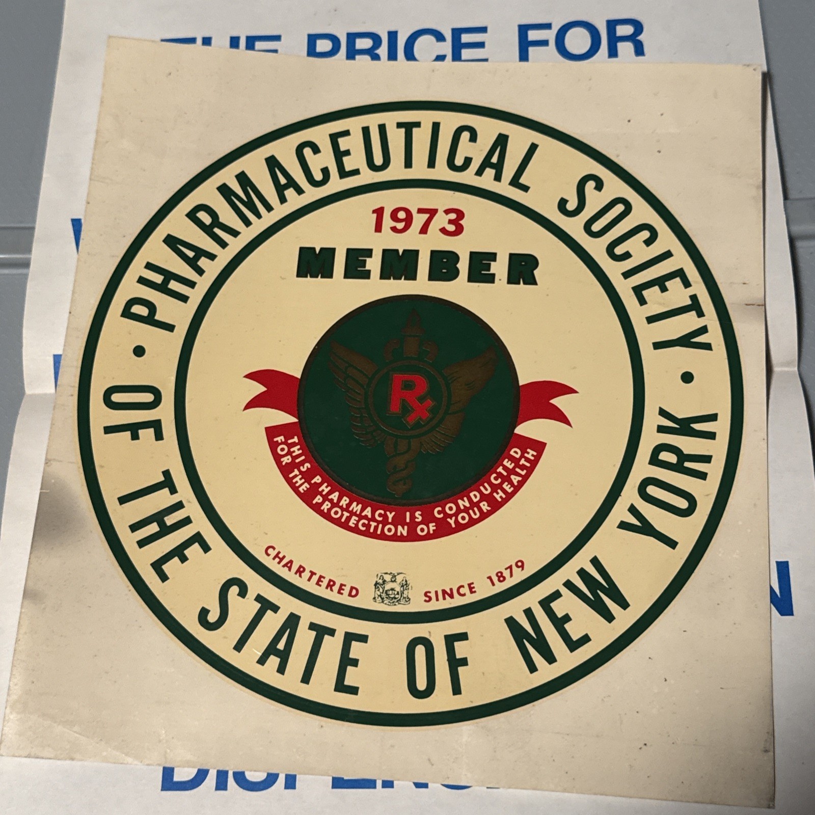 1973 Pharmaceutical Society Of New York Sticker (Decal) / Paperwork